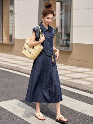 2025超火天丝牛仔套装女2025夏装新款拼接格子休闲绝美裙子两件套