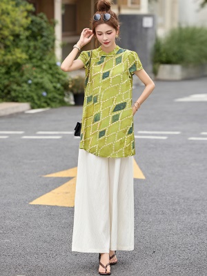 新中式国风贵夫人套装女2025夏季新款高级感旗袍上衣阔腿裤两件套