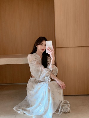 ByYou 夏季新款黄色露腰刺绣雪纺碎花连衣裙长款灯笼袖仙女a字裙