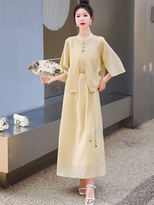 国风复古醋酸套装裙子女夏新款时尚洋气年轻旗袍吊带连衣裙两件套