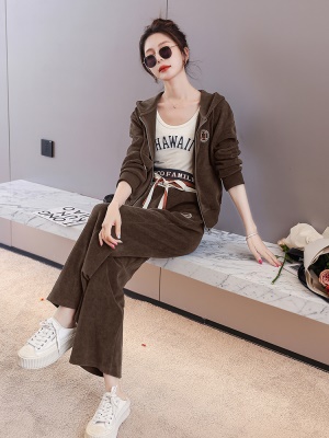 欧货休闲时尚套装女新款2025春秋连帽刺绣高端运动服阔腿裤两件套