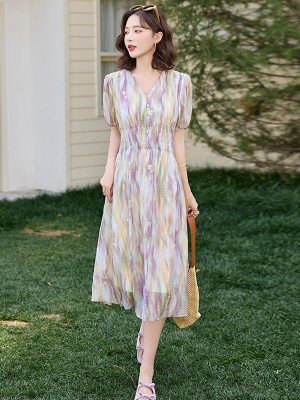 莱赛尔天丝印花连衣裙女2025夏装新款今年流行爆款漂亮掐腰长裙子