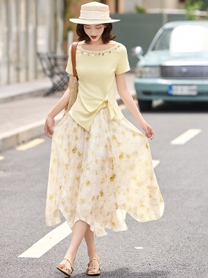 法式甜美风套装女2025夏季新款气质优雅亮片拼接碎花半身裙两件套