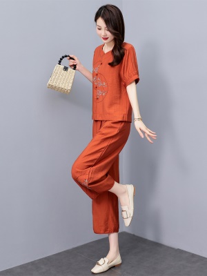 民族风复古天丝麻套装女2025夏季新款时尚宽松显瘦哈伦裤两件套薄