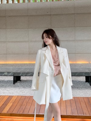 ByYou 春季新款气质绑带收腰白色西装连衣裙女高级感休闲西服外套