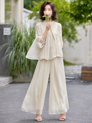 超仙时尚雪纺套装女2025春夏新款半透减龄显瘦流行阔腿裙裤三件套