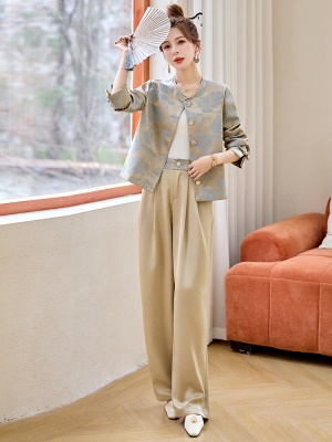 国风气质名媛套装女2025春季新款时尚贵气高腰缎面新中式两件套裤