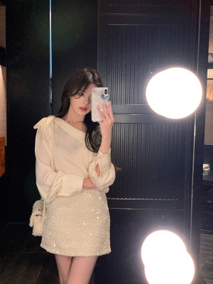 ByYou 秋冬新款前后拼接亮片毛呢白色半身裙显瘦高腰a字包臀短裙