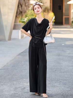 法式气质荡领短袖套装女夏2025新款高端蕾丝拼接亚麻阔腿裤两件套