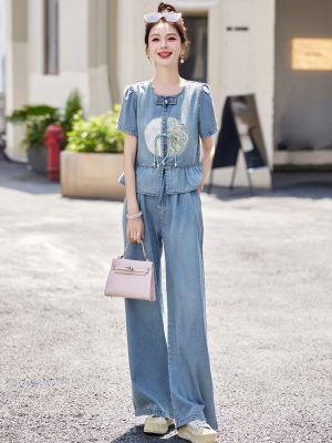 中国风方领牛仔套装女2025夏季新款休闲薄款减龄优雅女神范两件套