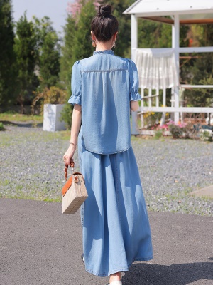 中国风天丝牛仔套装裙女夏季2025新款时尚复古盘扣半身长裙两件套