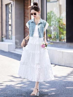 高端蕾丝薄牛仔上衣套装女2025夏装新款优雅女神范时尚裙子两件套