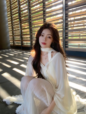 ByYou 夏季新款白色百褶雪纺吊带连衣裙长款气质收腰大裙摆仙女裙