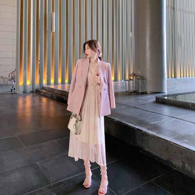 ByYou 2025春季新款高级感v领粉色水墨碎花连衣裙长款收腰仙女裙