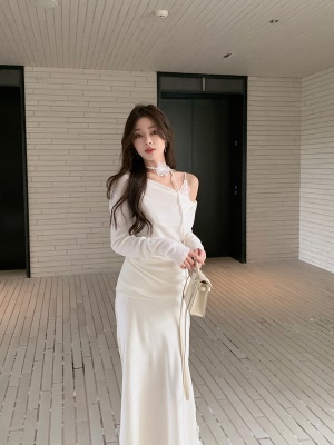 ByYou 夏季新款高级感米色开叉缎面半身裙蕾丝包臀裙修身鱼尾长裙