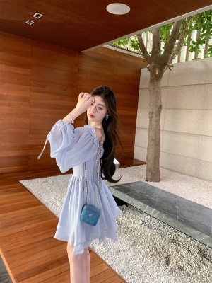 ByYou 2025新款法式一字肩雪纺连衣裙短款灯笼袖木耳边收腰仙女裙