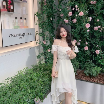 ByYou 夏季冷淡风高级感一字肩抹胸挂脖连衣裙收腰气质不规则长裙