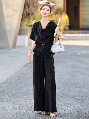 法式气质荡领短袖套装女夏2025新款高端蕾丝拼接亚麻阔腿裤两件套