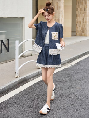 复古港风拼接蕾丝短裤套装女2025夏季新款时尚巨好看小个子两件套