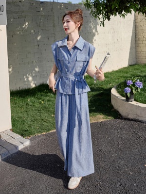 蓝色坎肩无袖上衣套装女2025夏季新款气质干练穿搭亚麻休闲两件套