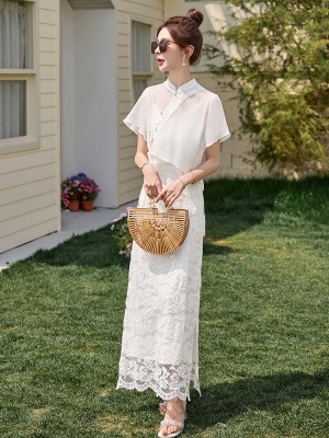 新中式雪纺罩衫吊带裙套装女2025夏新款国风巨好看蕾丝长裙两件套