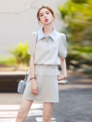 小香风时尚穿搭一整套女2025夏装新款法式甜美蕾丝拼接休闲套装裙