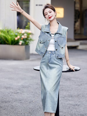 薄款复古牛仔套装女2025夏季新款时尚坎肩马甲爆款半身长裙两件套