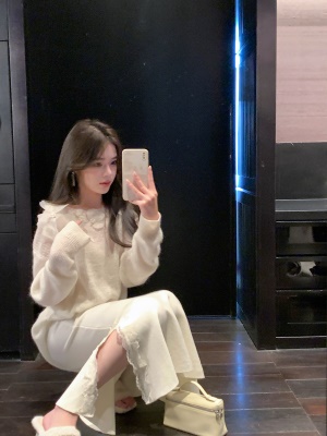 ByYou 冬季加绒侧开叉蕾丝白色针织半身裙长款过膝包臀鱼尾毛衣裙