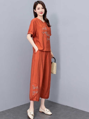 民族风复古天丝麻套装女2025夏季新款时尚宽松显瘦哈伦裤两件套薄