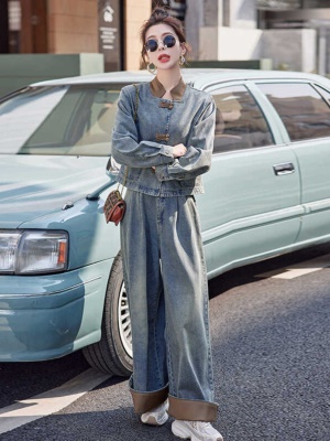 牛仔外套女2025新款爆款春季百搭套装新中式国风盘扣阔腿裤两件套