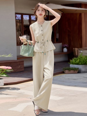 小香风无袖亚麻套装女夏2025新款轻奢高端系带收腰麻料气质两件套