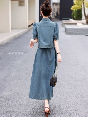 欧货天丝牛仔套装女2025夏季新款复古气质漂亮国风半身长裙两件套