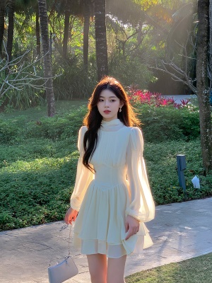 ByYou 夏季气质高级感茶歇法式泡泡袖奶白色连衣裙长款收腰仙女裙