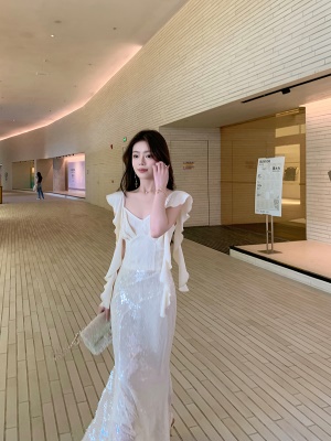 ByYou 夏季新款高级感重工亮片白色鱼尾半身裙长款高腰显瘦包臀裙