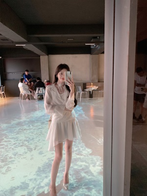 ByYou 秋冬新款喇叭袖翻领白色衬衫连衣裙收腰短裙含吊带裙两件套