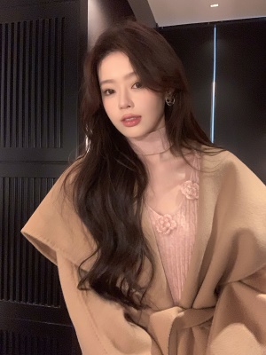 ByYou 冬季粉色V领内搭挂脖针织连衣裙中长款过膝毛衣裙收腰裙子