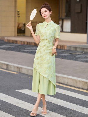 新中式国风改良旗袍裙女夏2025新款高端刺绣假两件套不规则连衣裙