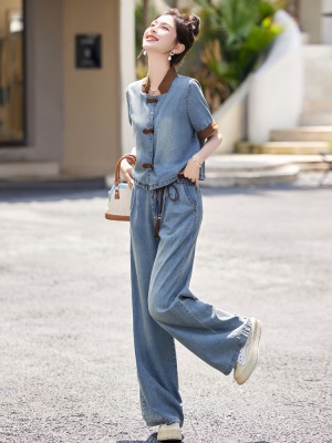 拼色薄款牛仔套装女2025夏天新品国风新中式欧货时尚年轻款两件套