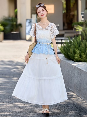 复古民族风渐变色套装女2025夏季新款短袖罩衫时尚穿搭长裙三件套