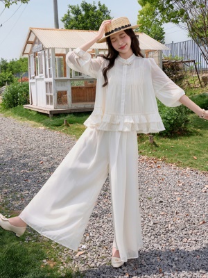 小香风荷叶边雪纺套装女2025夏季新款时尚减龄独特阔腿裙裤两件套