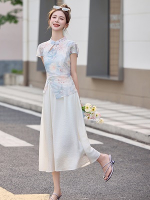 新中式改良旗袍连衣裙女2025夏季新款国风收腰印花拼接假两件长裙