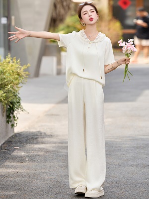 欧货蕾丝连帽休闲套装女夏2025新款时尚松弛感显瘦醋酸冰丝两件套