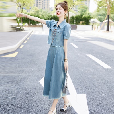 欧货漂亮牛仔两件套裙装女夏新款休闲炸街成套搭配减龄小香风套装