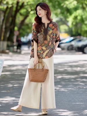 新中式国风套装女2025夏季新款高端时尚洋气印花天丝阔腿裤两件套