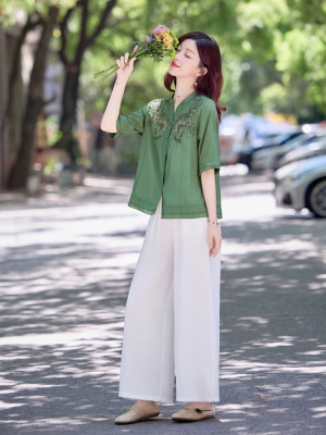 端庄大方优雅天丝套装女2025夏季新款亚麻刺绣贵气御姐感两件套裤