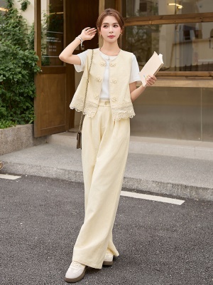 小香风蕾丝花边亚麻套装女2025夏季新款时尚洋气巨好看马甲三件套