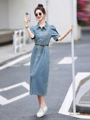 欧货时尚牛仔连衣裙女2025夏季新款修身洋气减龄泡泡袖衬衫中长裙