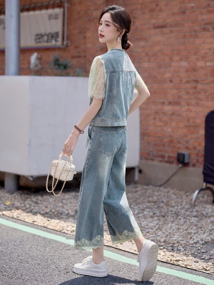 小香风蕾丝套装女2025夏日新款小个子时尚巨好看天丝牛仔三件套裤