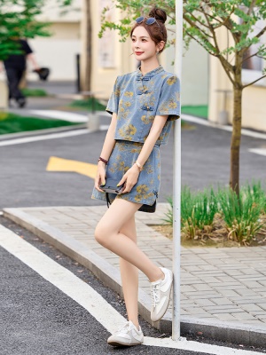 新中式盘扣印花短裤套装女2025夏季新款时尚洋气小个子国风两件套