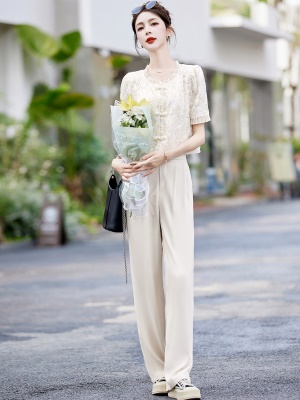 2025夏装俏皮活泼减龄两件套名媛蕾丝上衣高级感西装阔腿裤套装女
